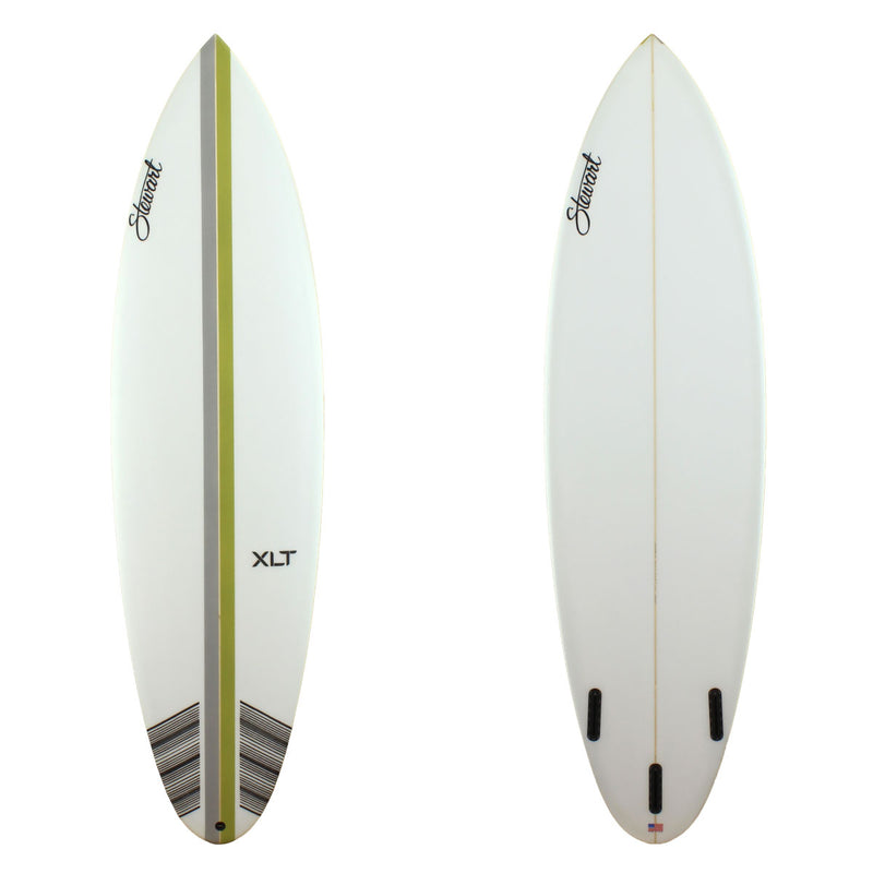 Stewart Surfboards 7'4" XLT shortboard with a grey and a light green stripe on deck