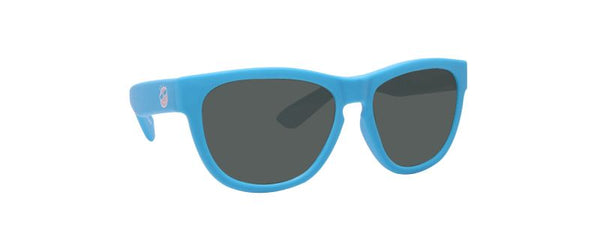 A pair of blue polarized kids' sunglasses with dark lenses and a soft rubber-like material.