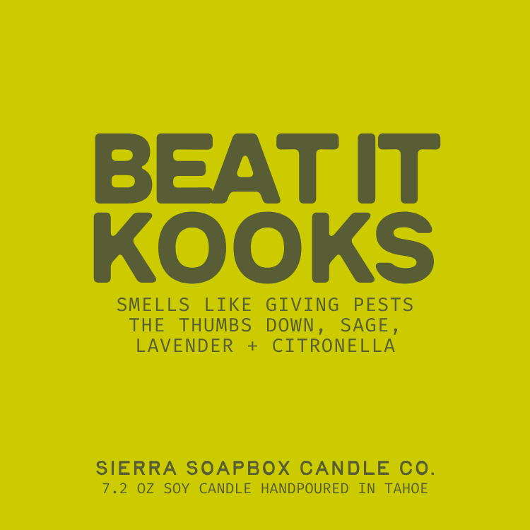 Sierra Soapbox Candle Co. candle packaging with text on a yellow background
