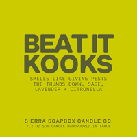 Sierra Soapbox Candle Co. candle packaging with text on a yellow background