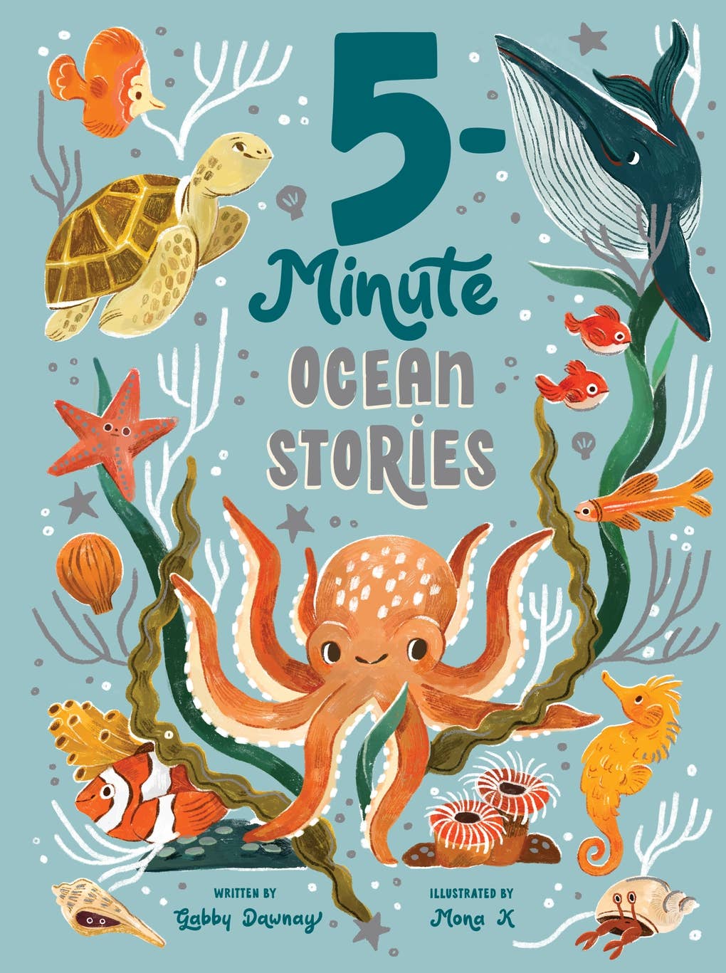 Book cover of '5-Minute Ocean Stories' with illustrations of sea creatures on a blue background.