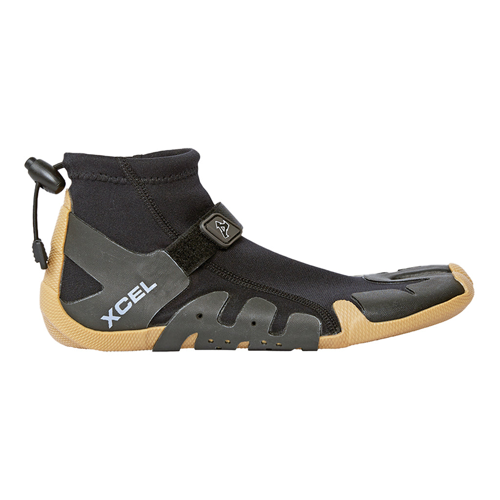 Black and tan wetsuit boot with XCEL branding on a white background
