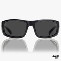 Black sunglasses with dark lenses on a white background, featuring ANSI Z87+ label.