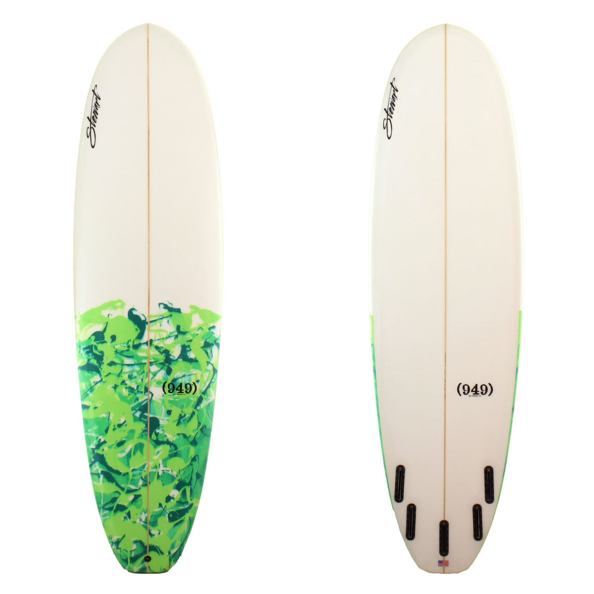 Stewart Surfboards 7'2" (949) mid-length surfboard with green swirl on tail of deck and clear white bottom