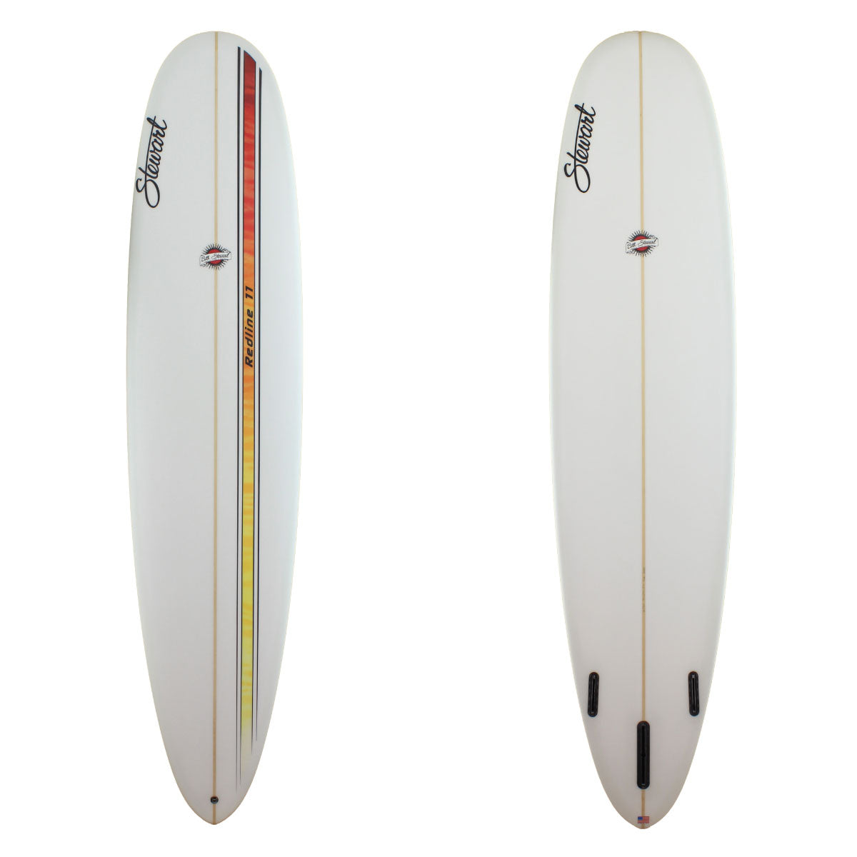 Stewart Surfboards Redline 11 longboard (9'0", 24 1/4", 3 1/4") with red/yellow and black stripes on deck