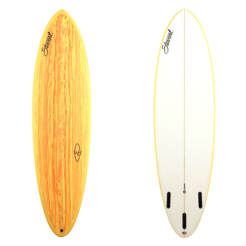 6'9 Deck and bottom view of a Stewart Wild Bill Mid-Length with orange and yellow swirl on deck 6'9 Wild Bill (6'9, 21 1/4", 2 3/4") B#127455