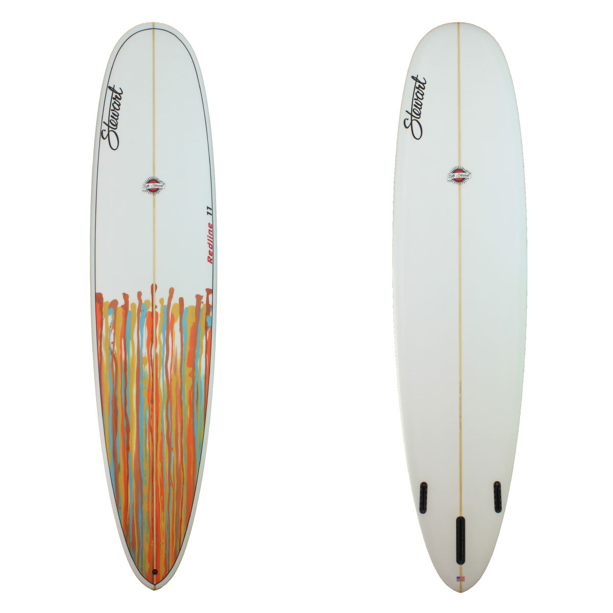 Deck and bottom view of a Stewart Redline - 11 Longboard with brown blue and yellow paint drips half way down the board with a sand finish