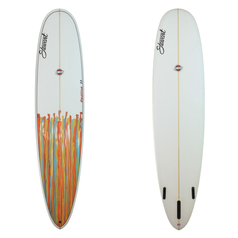 Deck and bottom view of a Stewart Redline - 11 Longboard with brown blue and yellow paint drips half way down the board with a sand finish
