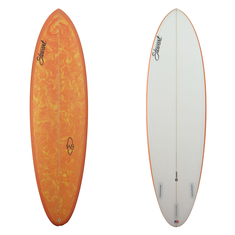 Deck and Bottom view of a stewart wild bill mid length with a orange and yellow swirl on the deck and a white bottom sand finish 