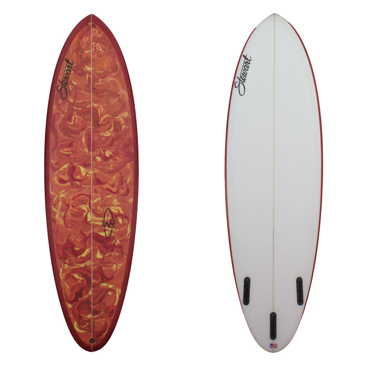 deck and bottom view of stewart wild bill with red paint swirl on deck