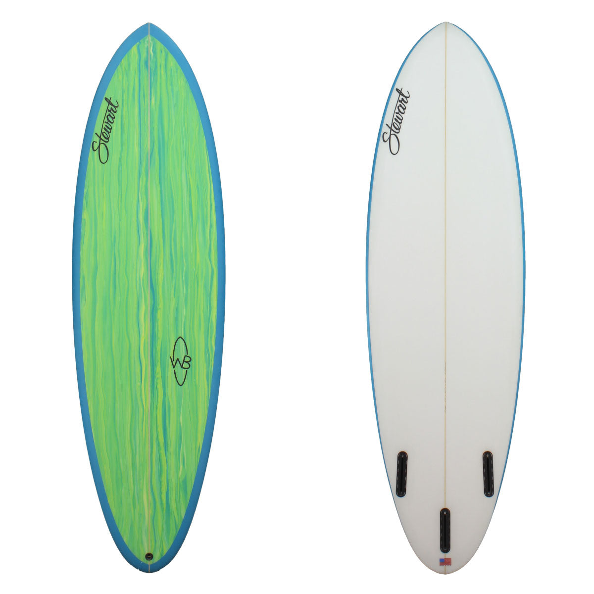 Stewart 6'0 Wild Bill Mid-Length (6'0, 20 1/2", 2 1/2") B#127680 Deck and bottom view of a Deck and bottom view with Green Blue Streaks with Clear bottom and Blue rails