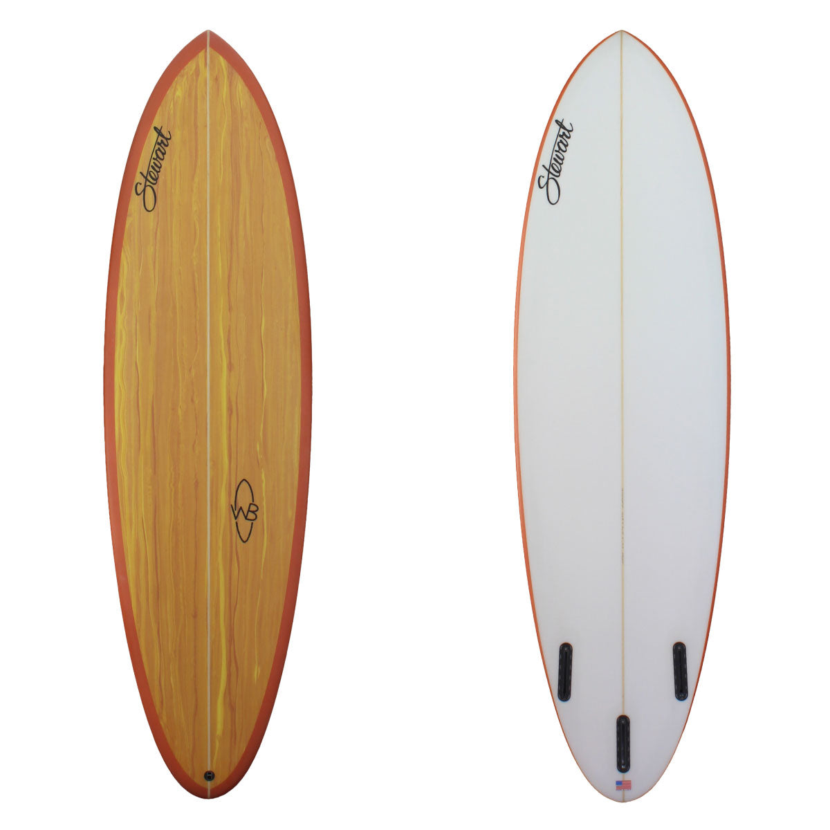 Stewart 6'6" Wild Bill shortboard with orange paint streak on deck with dark orange rails and a clear bottom (6'6", 21 1/2", 2 3/4") B#127750