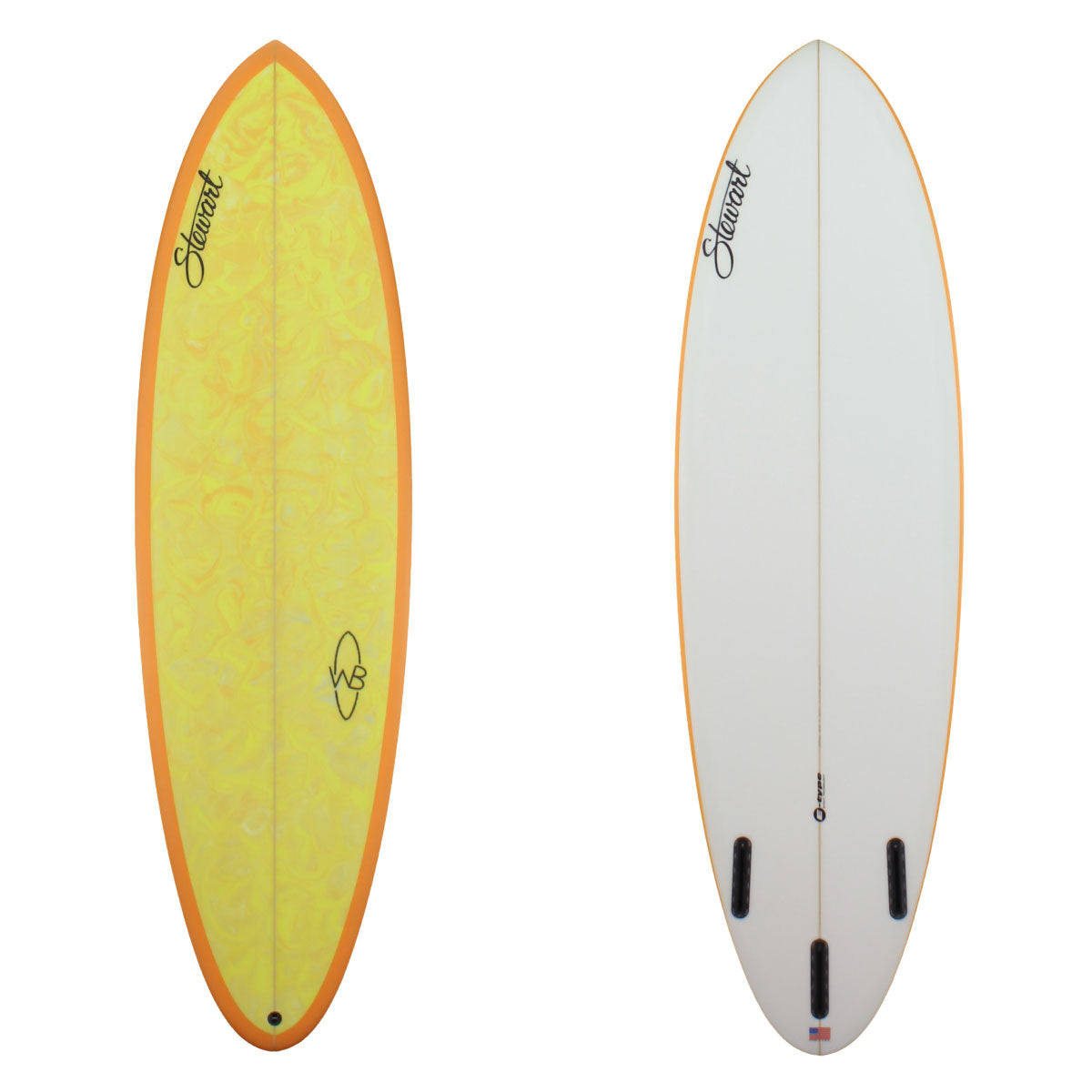 stewart wild bill mid length with a yellow swirl deck and orange rails