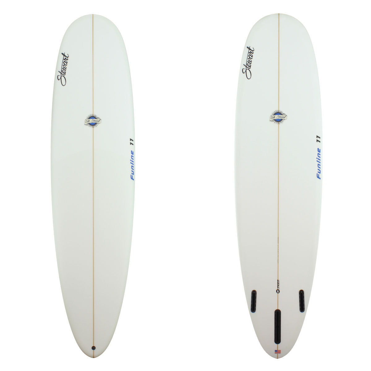 STEWART 7'6" Funline 11 (7'6", 22 1/2", 3") B#127771 MID LENGTH EPOXY WITH A CLEAR GLASS JOB AND BLUE LOGOS