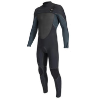 A dark gray and black full-body wetsuit with long sleeves and a high collar, shown on a light gray background.