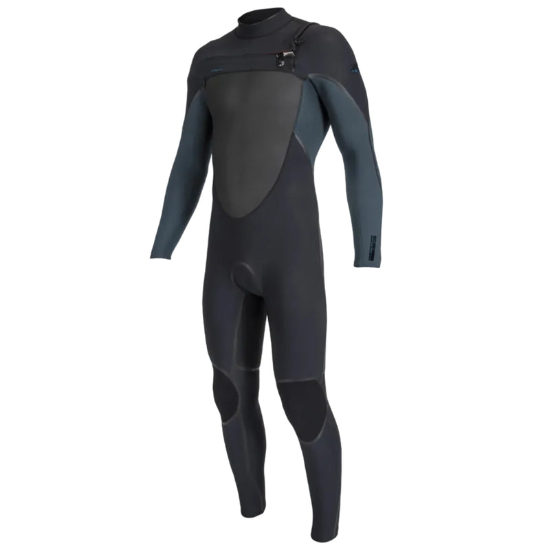 A dark gray and black full-body wetsuit with long sleeves and a high collar, shown on a light gray background.