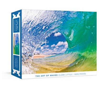 Jigsaw puzzle box titled 'The Art of Waves' by Clark Little with a wave design on the cover.