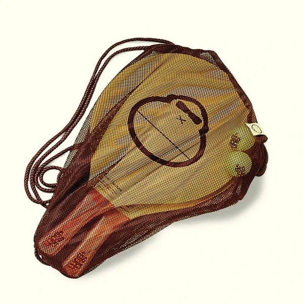 A paddleball set with a brown net and two yellow paddleball balls, featuring the Sun Bum brand logo on the net.