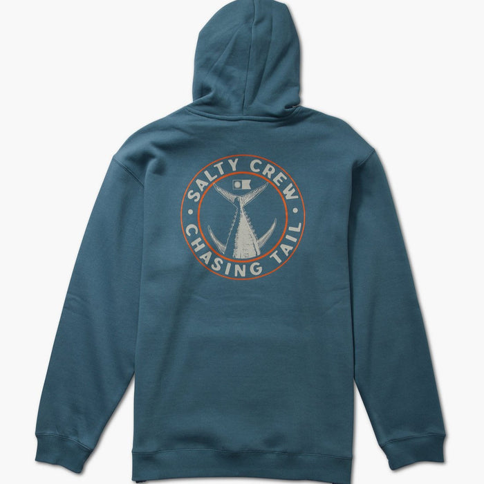 A navy-colored hooded fleece with 'SALTY CREW CHASING TAIL' text and an illustration on the back.