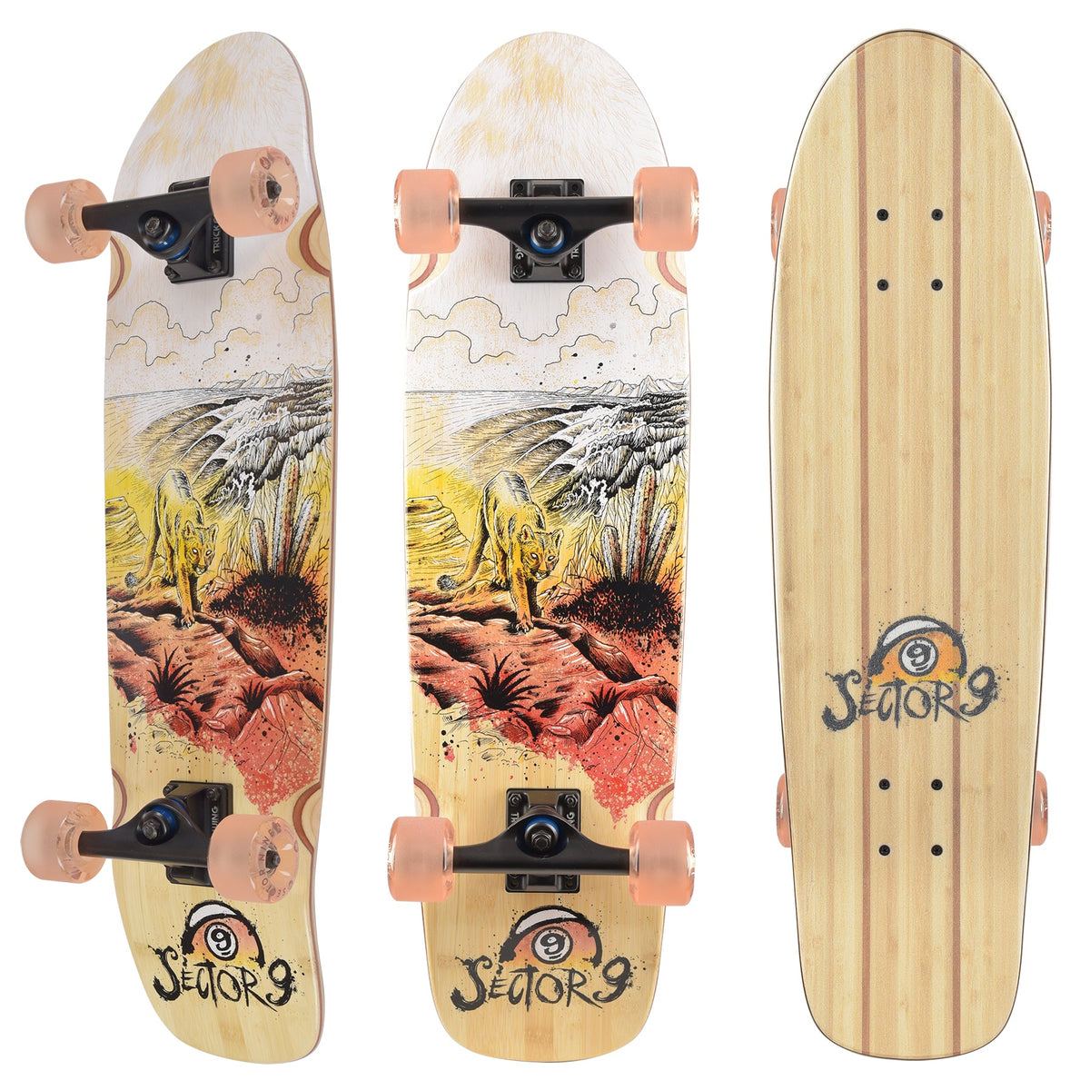 Three views of a skateboard with a desert landscape design and Sector 9 branding.