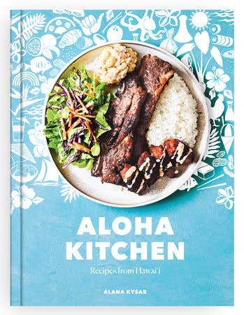 Book cover of 'Aloha Kitchen' with a plate of food and Hawaiian design elements.