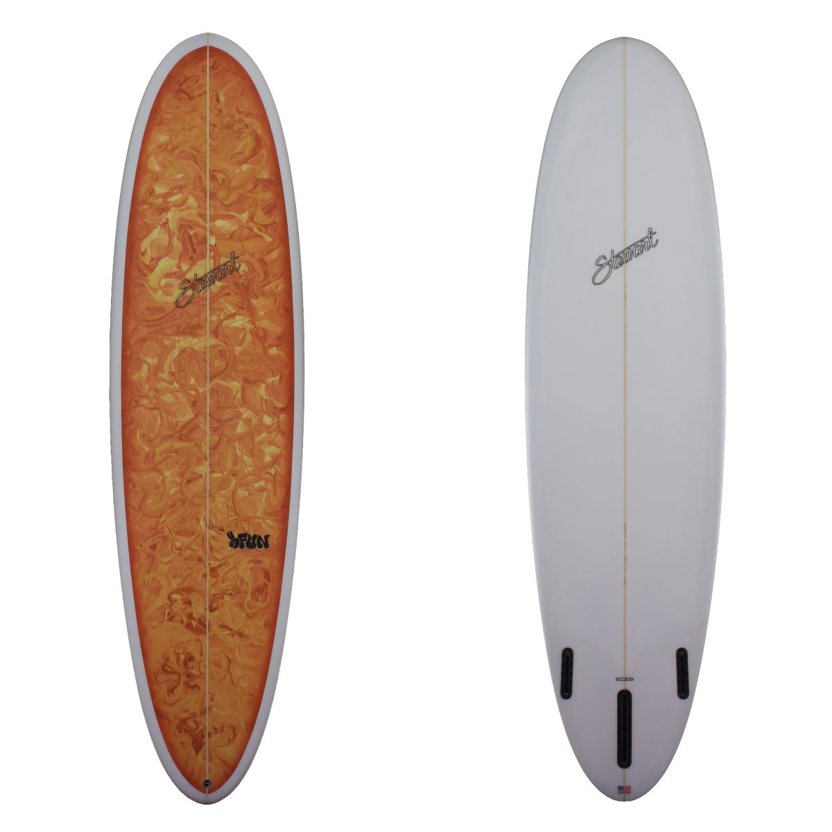 deck and bottom view of a stewart 2fun midlength with a orange and yellow swirl on the deck and a sand finish 