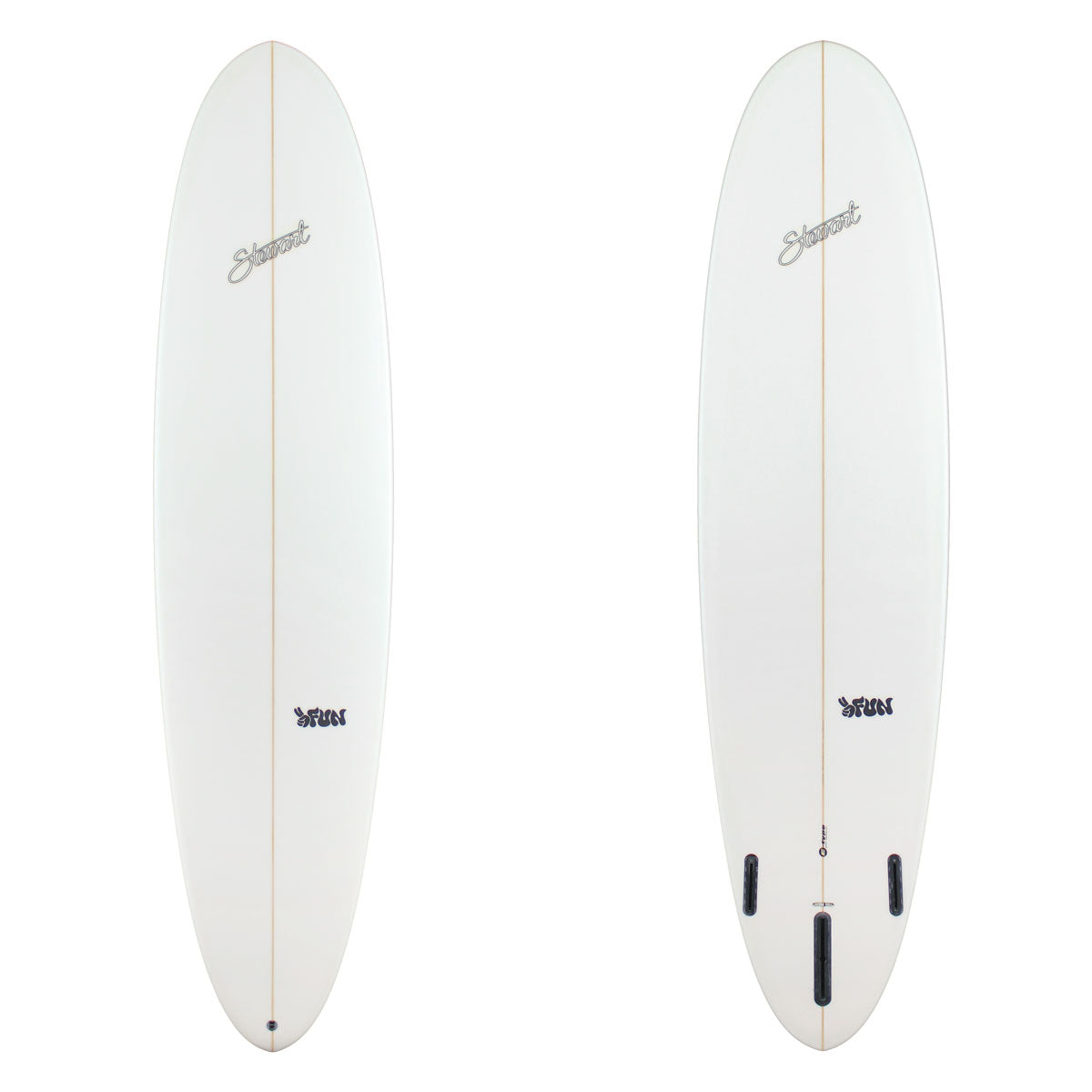 Two white surfboards with branding on a white background