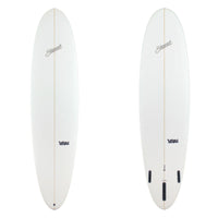 Two white surfboards with branding on a white background