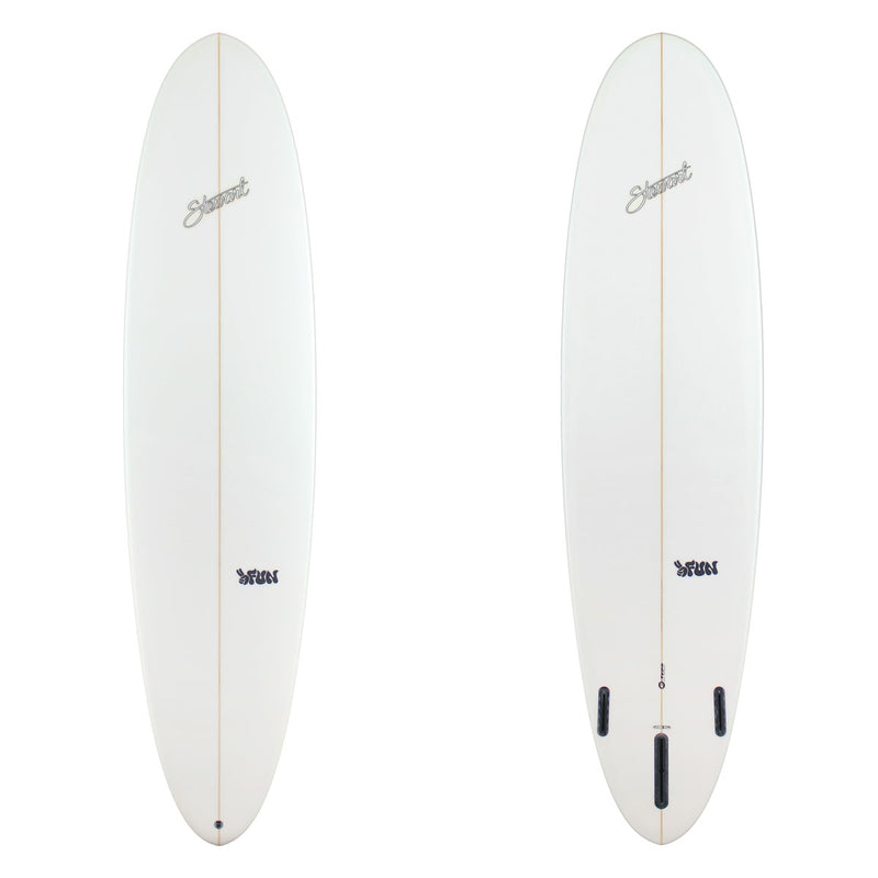 Two white surfboards with branding on a white background