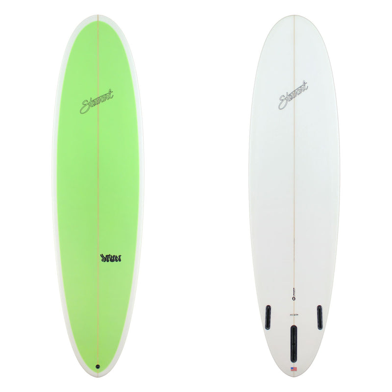 Two views of a surfboard with a green front and white back on a white background.