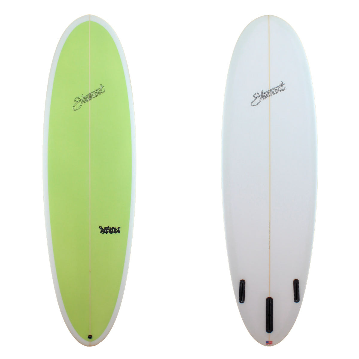 Stewart Surfboards 6'10" 2FUN mid-length surfboard with painted solid light green deck and white bottom
