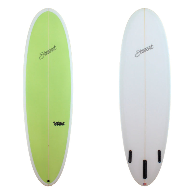 Stewart Surfboards 6'10" 2FUN mid-length surfboard with painted solid light green deck and white bottom