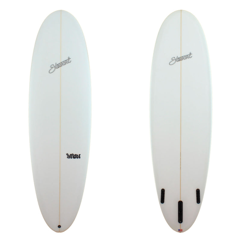 Stewart Surfboards 7'4" 2FUN mid-length surfboard with clear white deck and bottom