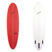 Stewart Surfboards 7'0" 2FUN mid-length surfboard with painted solid red deck and white bottom