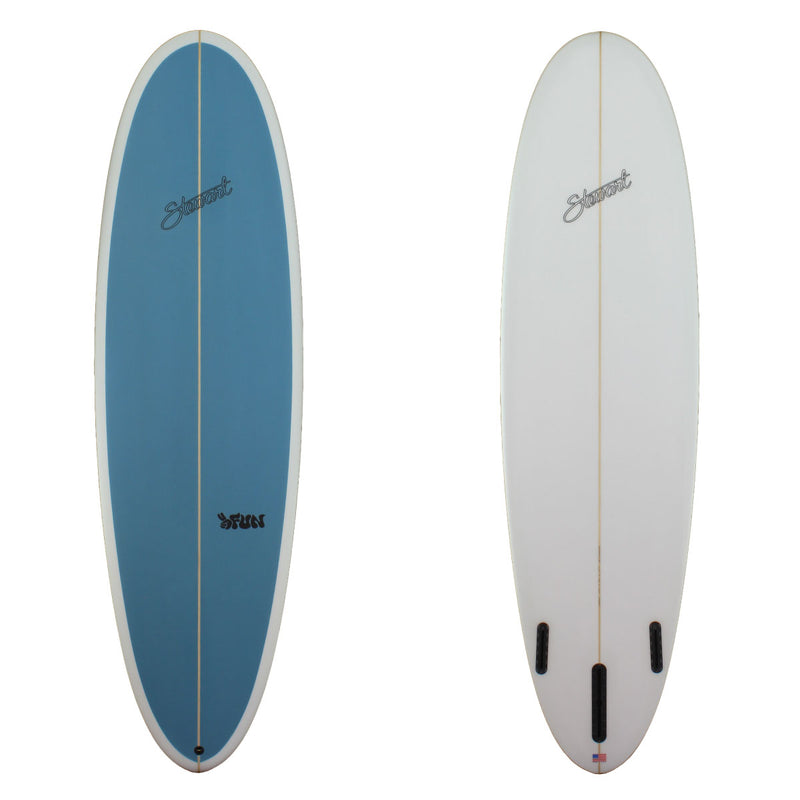 Deck and bottom view of a Stewart 2Fun Mid Length with dark blue deck and white rails and bottom with sand finish 