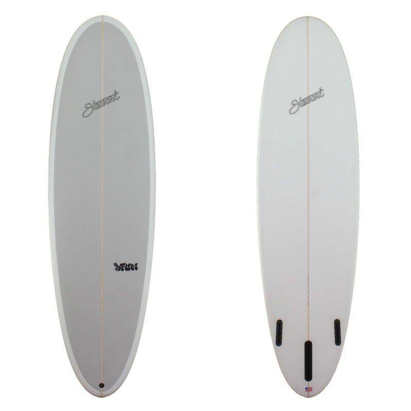 Deck and bottom view of a Stewart 2Fun Mid Length with grey deck and white rails and bottom with sand finish 