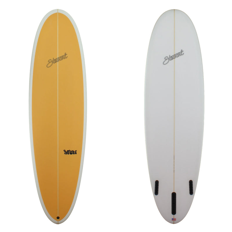 Deck and bottom view of a Stewart 2Fun Mid Length with yellow deck and white rails and bottom sand finish 