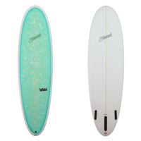 Deck and bottom view of a Stewart 2Fun with a green and blue swirl on the deck and white rails and bottom sand finish