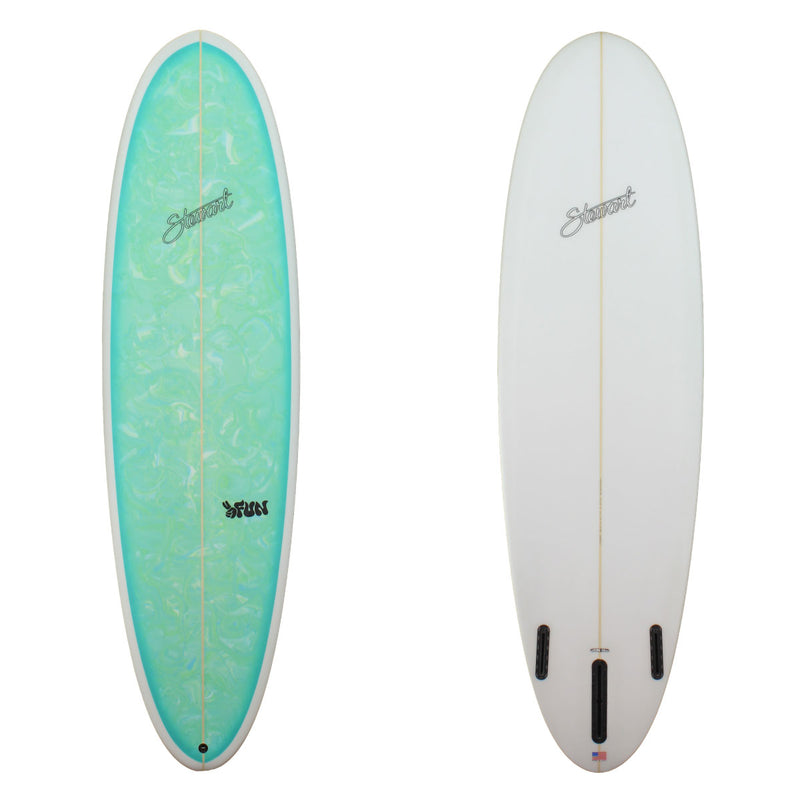 Deck and bottom view of a Stewart 2Fun with a green and blue swirl on the deck and white rails and bottom sand finish 