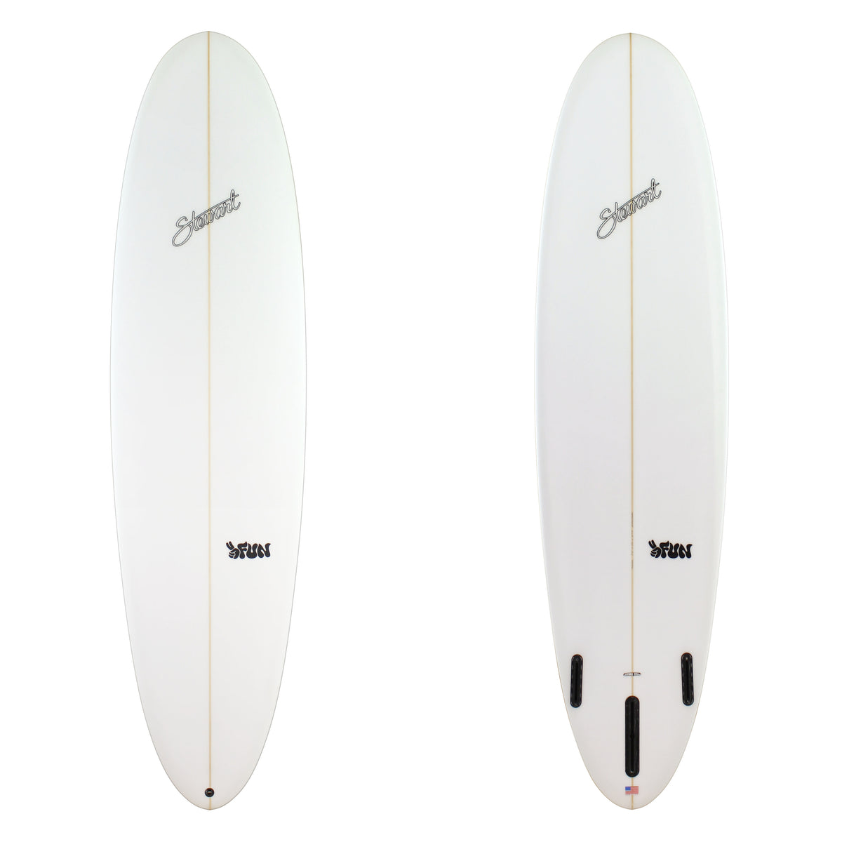stewart 2fun midlength surfboard clear glass job with black logos 