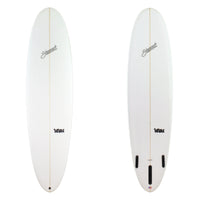 stewart 2fun midlength surfboard clear glass job with black logos 