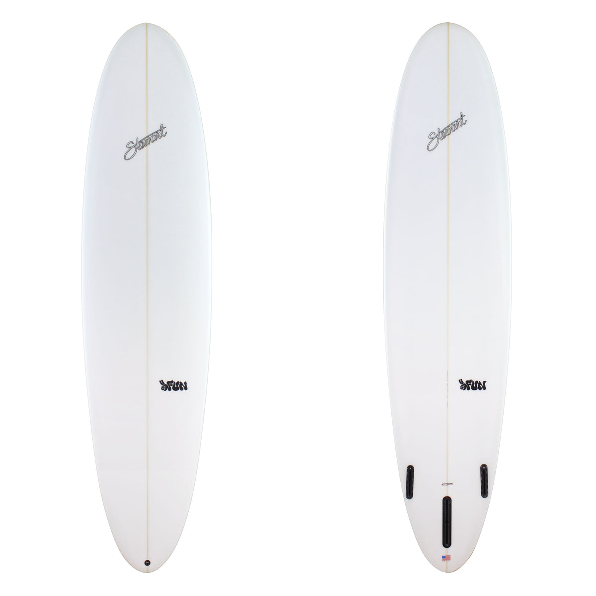 stewart 2fun midlength surfboard with clear glassjob and black logos 