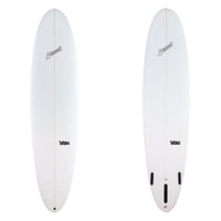 stewart 2fun midlength surfboard with clear glassjob and black logos 
