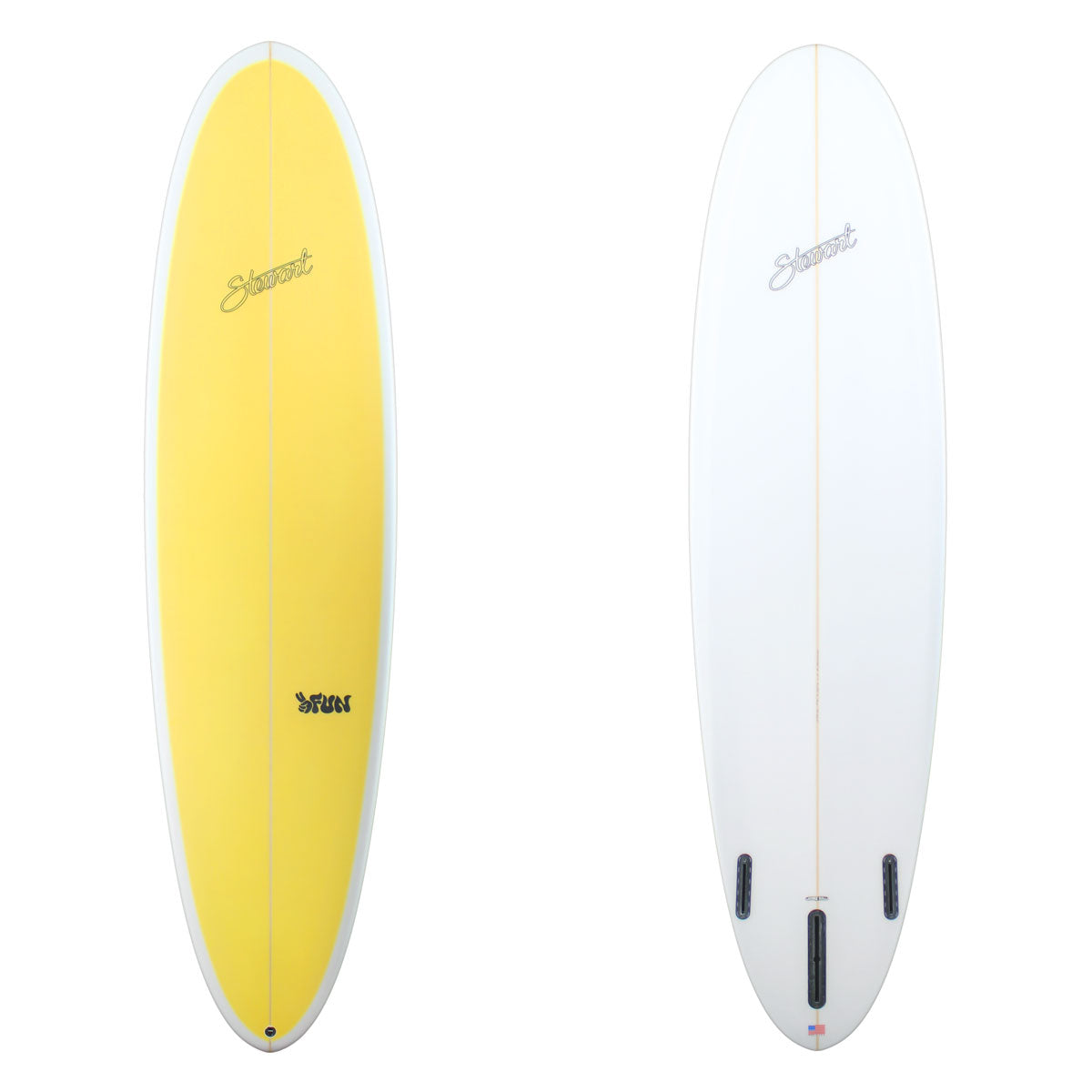 2fun midlength surfboard with yellow deck panel 
