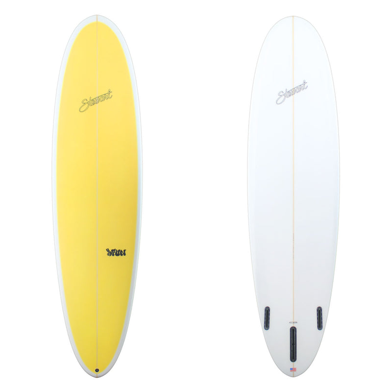 2fun midlength surfboard with yellow deck panel 
