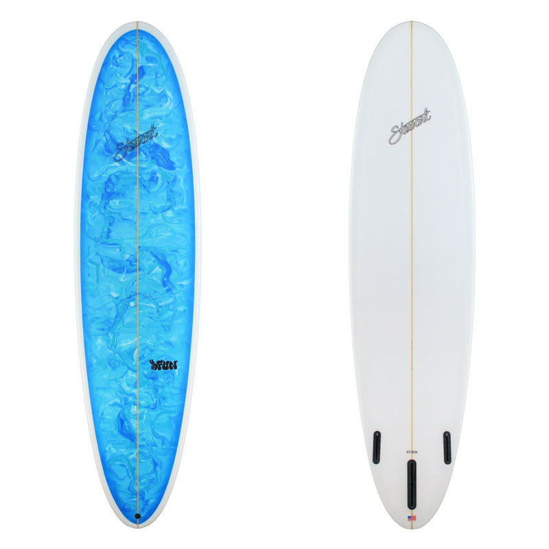 Stewart Mid-Length 7'6" 2FUN (7'6", 22 1/2", 3") B#129062 with a blue acid swirl panel on the deck
