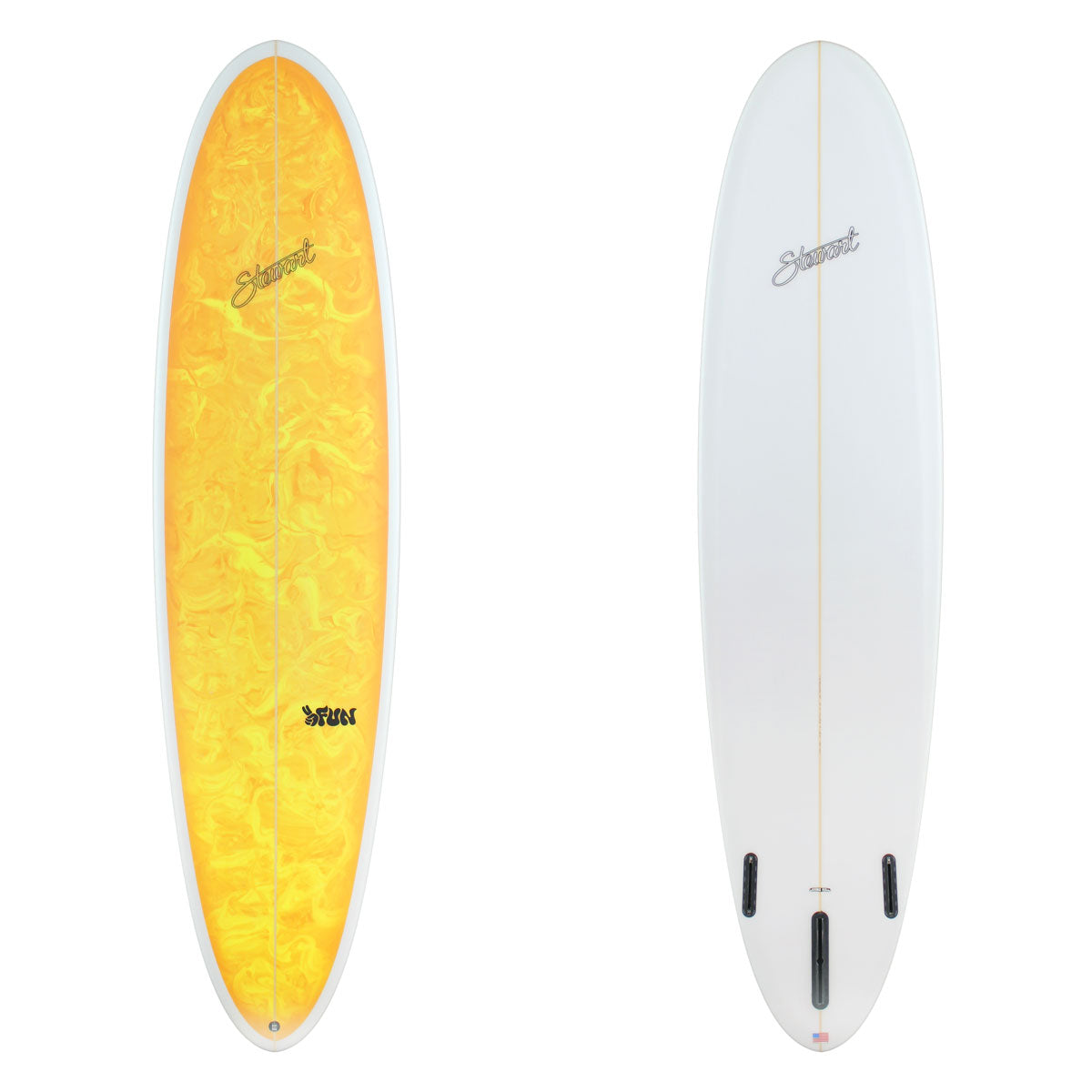 Stewart Mid Length 7'8" 2FUN (7'8", 22 3/4", 3") B#129136 with a yellow and orange paint swirl on the deck
