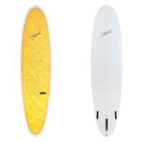 Stewart Mid Length 7'8" 2FUN (7'8", 22 3/4", 3") B#129136 with a yellow and orange paint swirl on the deck