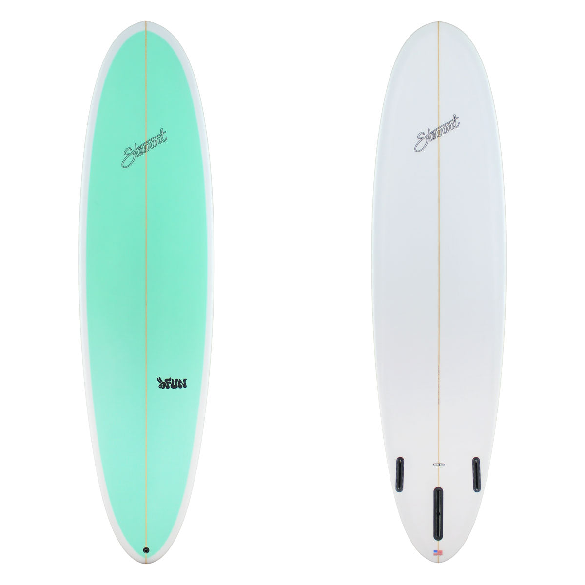 Stewart Mid-Length 7'6" 2FUN (7'6", 22 1/2", 3") B#129232 with a light blue teal panel on the deck