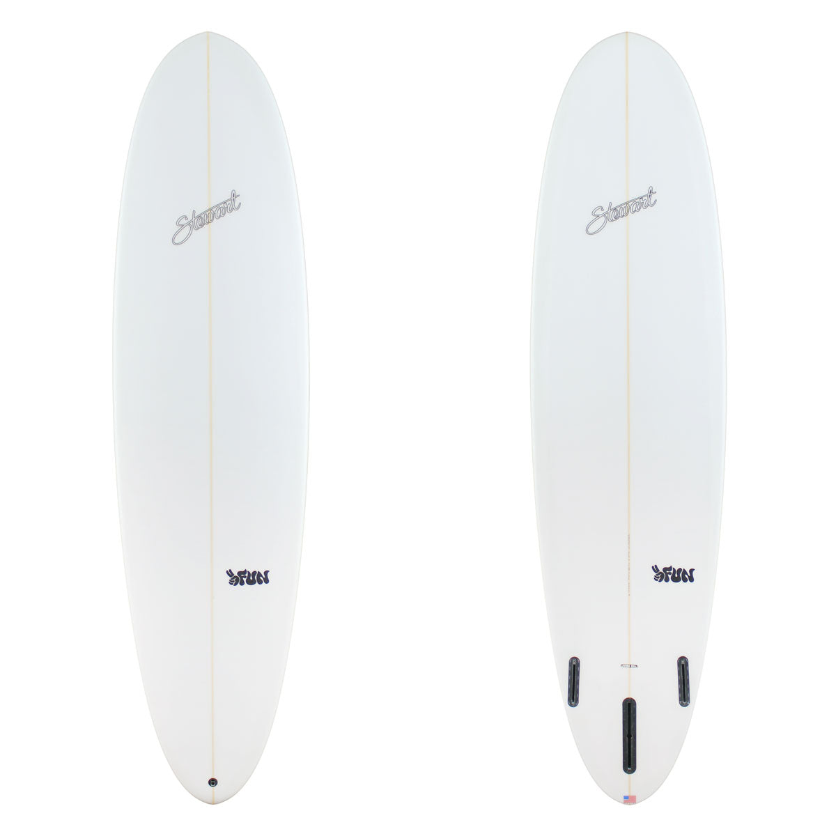 Two white surfboards with branding on a white background